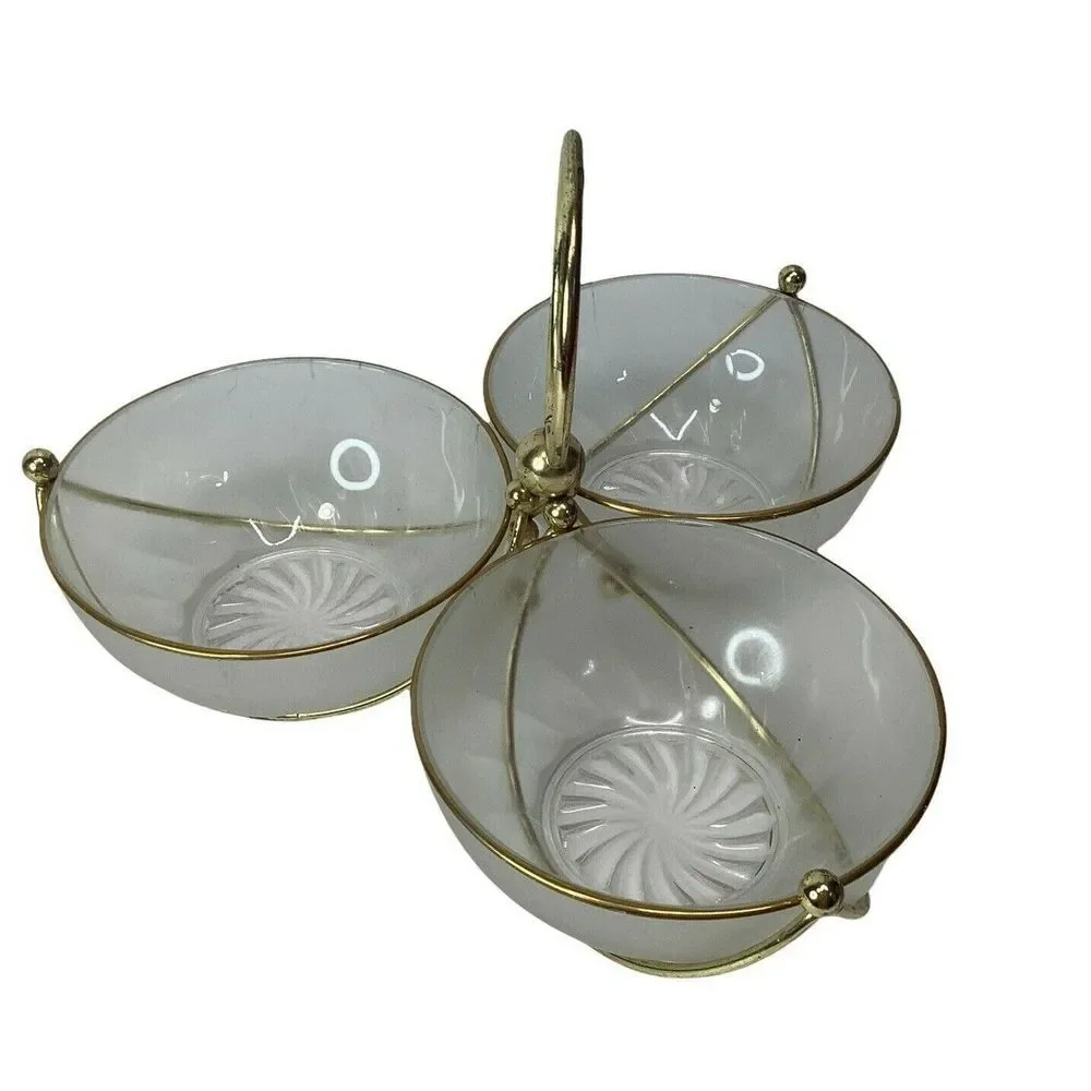 Vintage Libbey MCM Glass Gold Relish Condiment 3 Bowl Set Metal‎ Gold tone Caddy